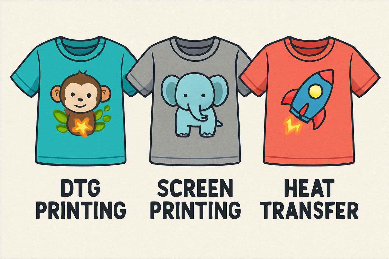 DTG printing compared with screen printing and heat transfer methods