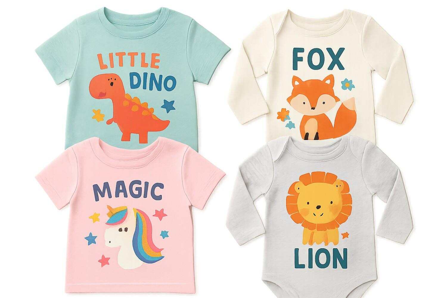 Custom DTG printed baby onesies and kids clothing