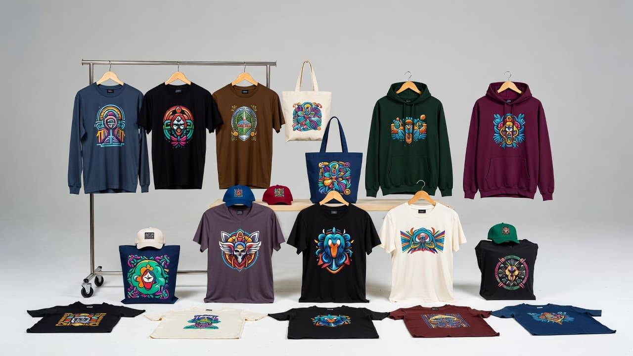 Collection of custom printed T-shirts and hoodies made using DTF printing technology