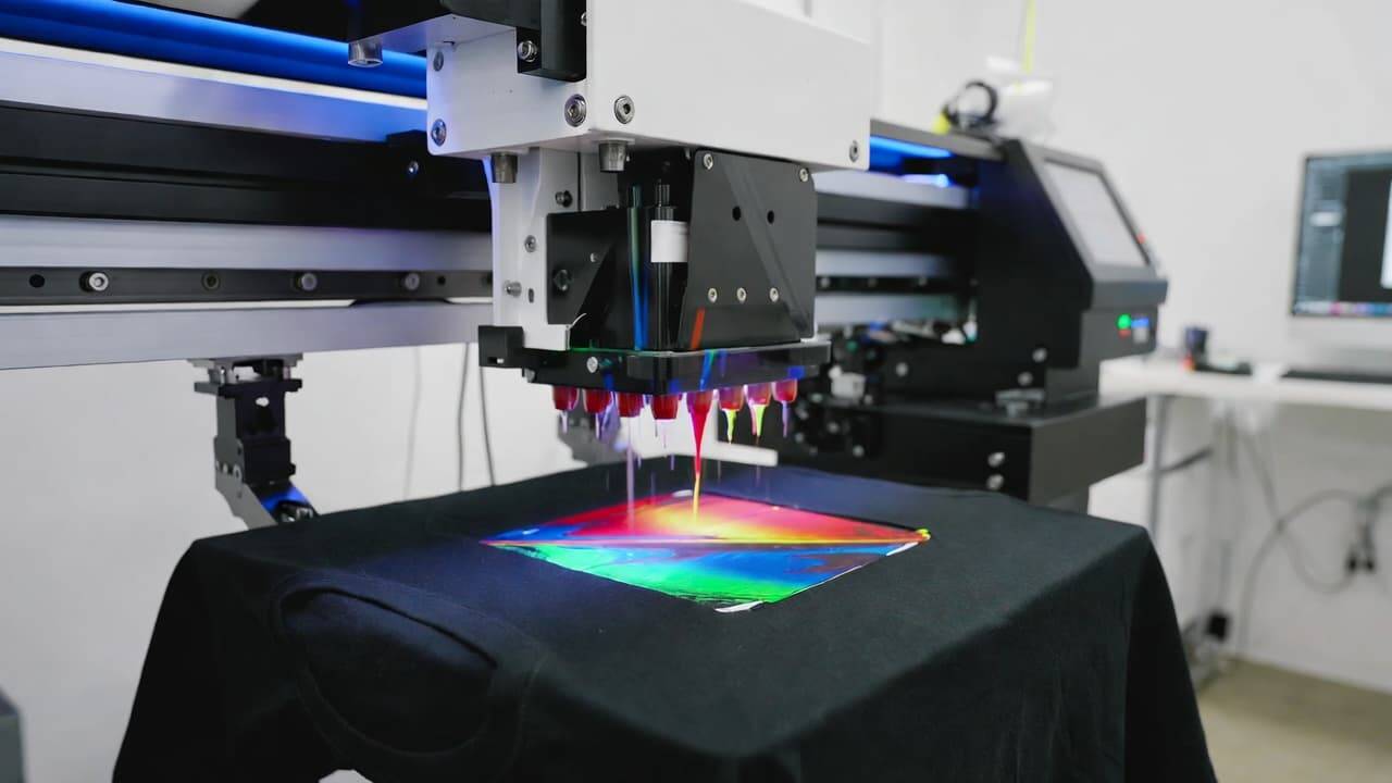 DTG printer printing a custom t-shirt in a modern print studio