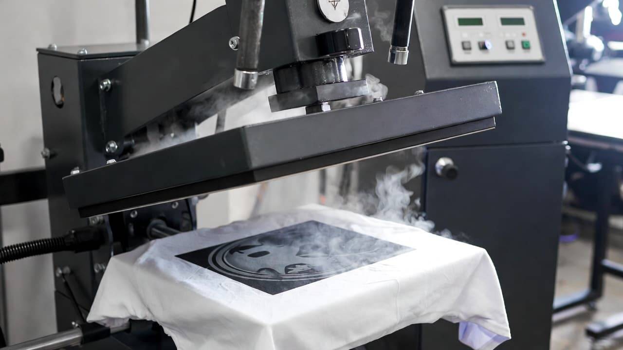 Heat press machine curing DTG printed T shirt to lock ink into fabric