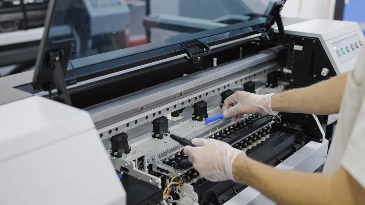 Technician cleaning DTF printer printhead for regular maintenance