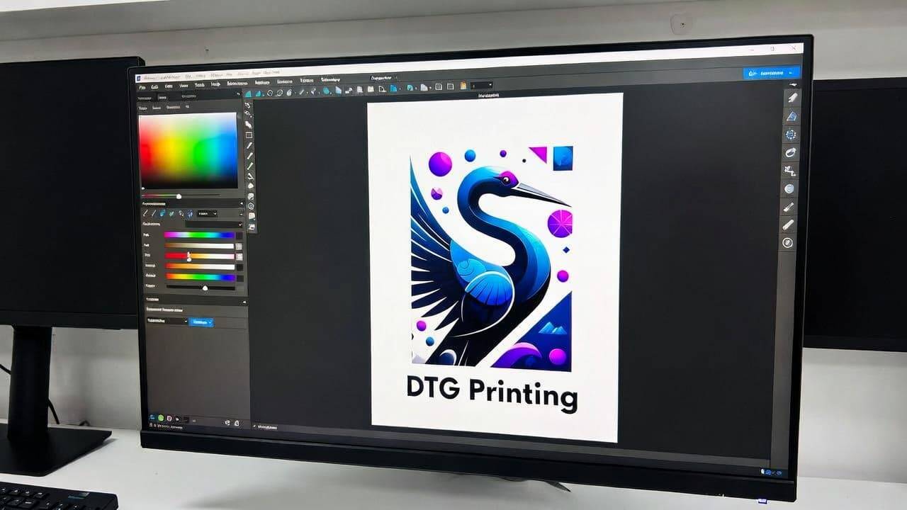DTG printing design software open on a computer screen