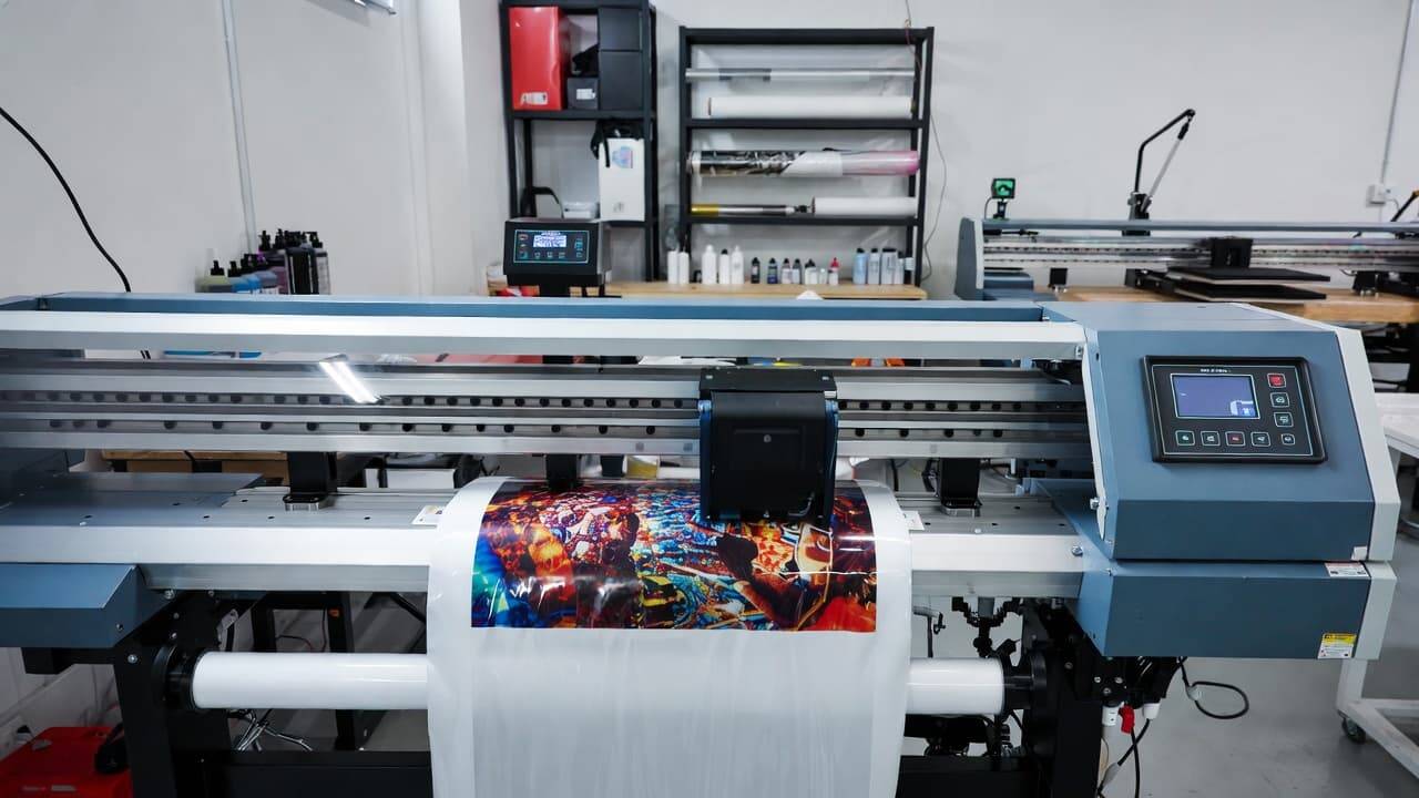 DTF printer printing a colorful design on transfer film in a garment printing workspace