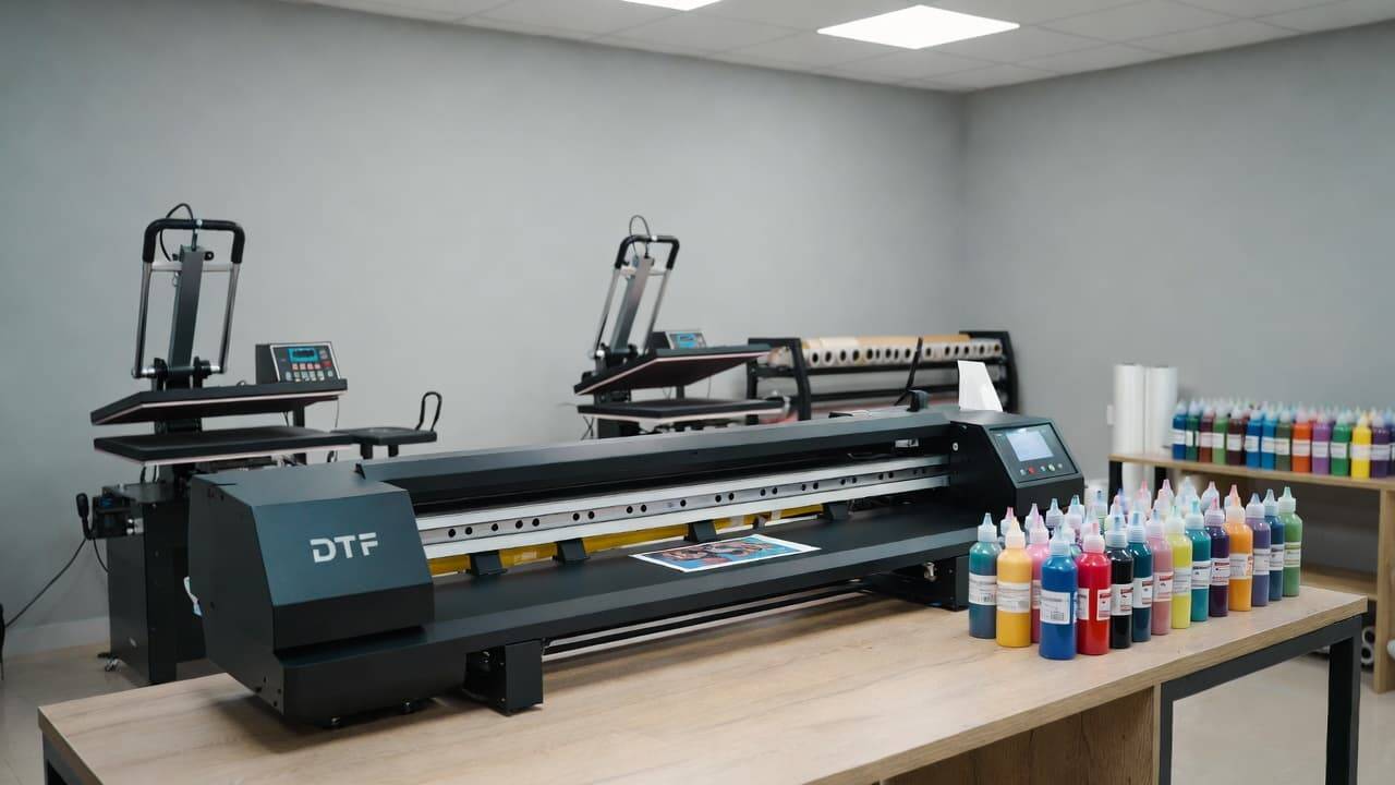 DTF printer setup workspace with printer, ink bottles, film rolls, and heat press equipment
