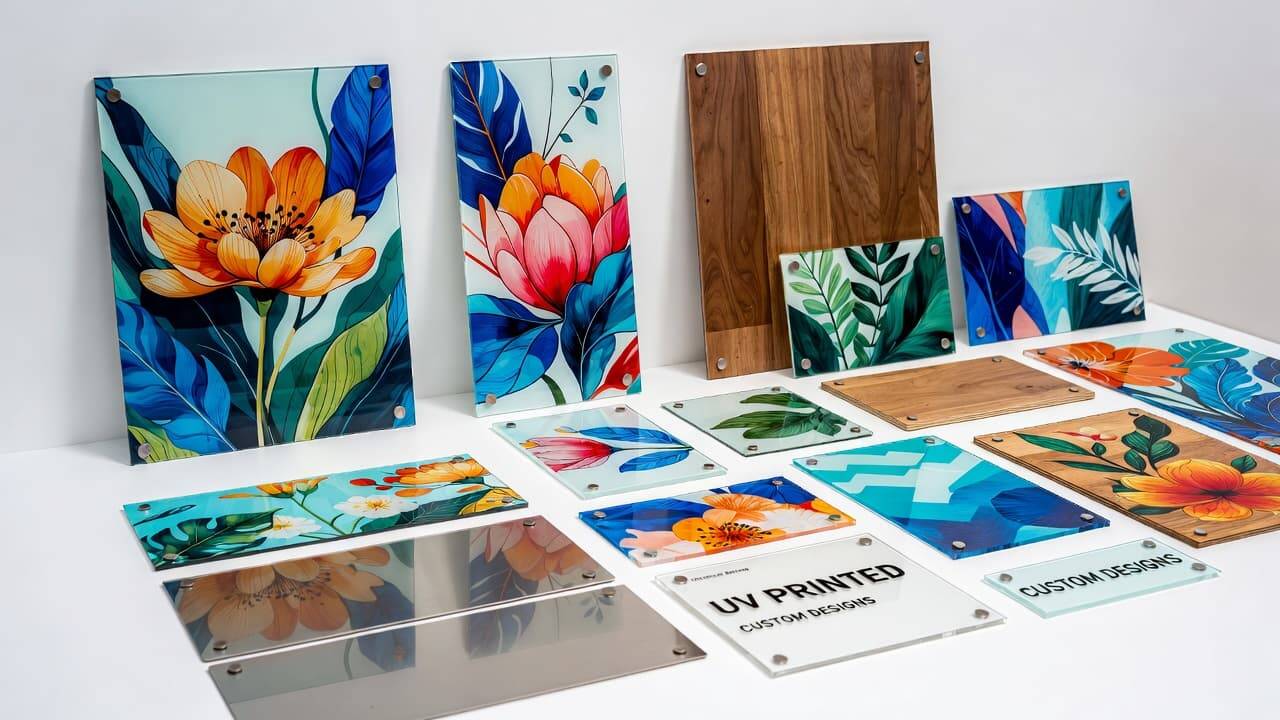 Examples of UV printing on glass, wood, metal, and acrylic products