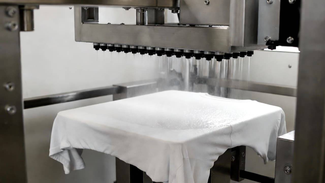 Pre-treatment machine spraying pre-treatment liquid on a shirt