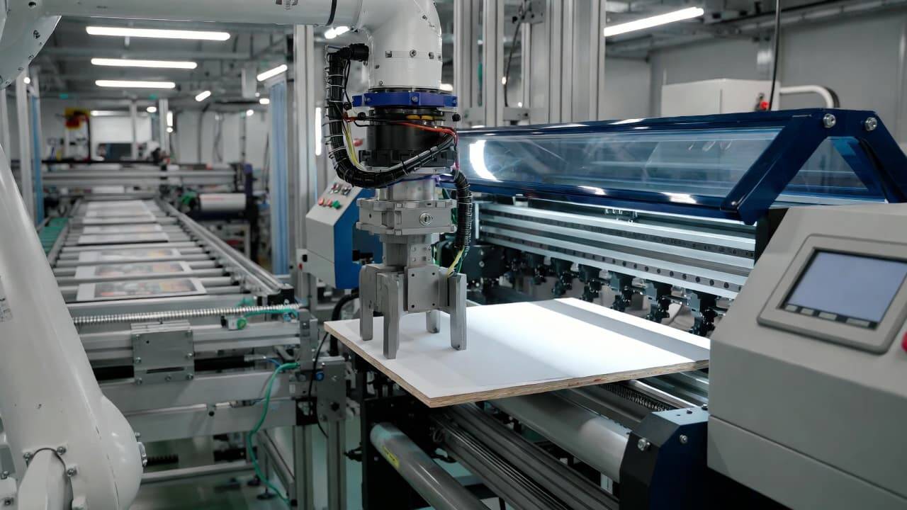 Automated material handling system with robotic arm loading UV printer
