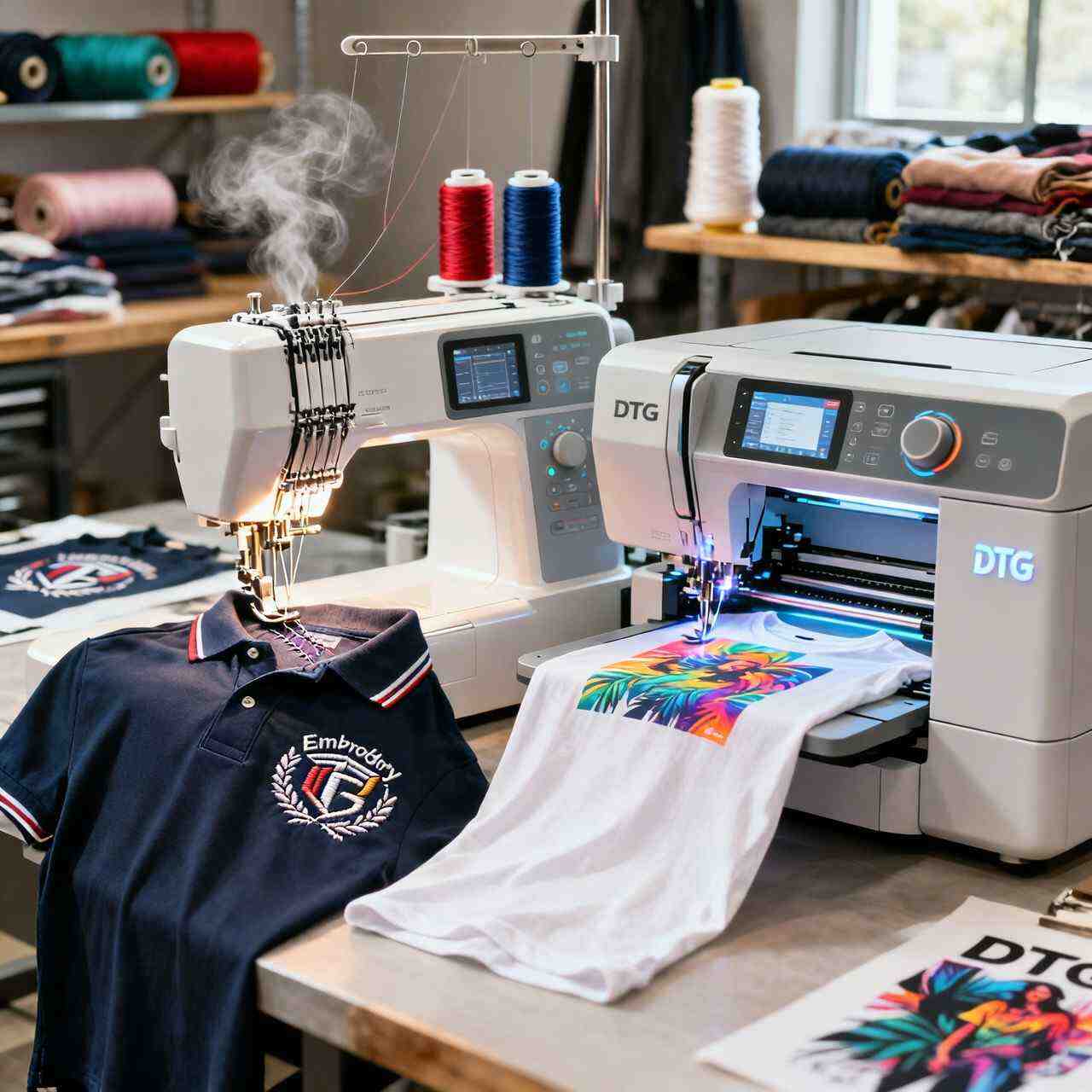 Embroidery machine and DTG printer working together in a garment printing business