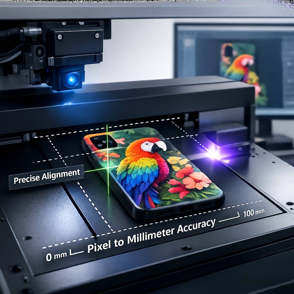 Visual positioning UV printer ensuring accurate pixel to millimeter alignment
