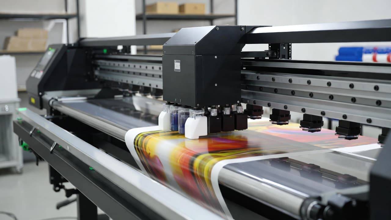 DTF printer with white ink system printing on PET film in a professional textile printing workspace