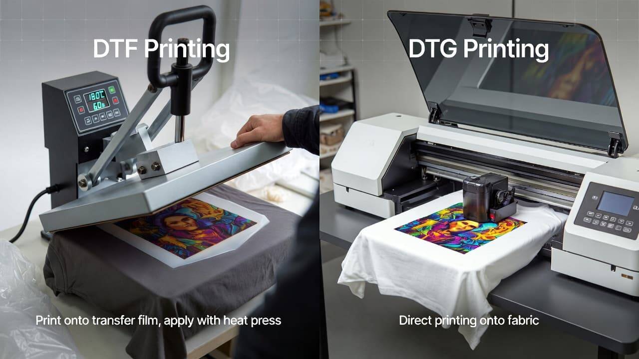 Comparison between DTF and DTG printing methods on fabric showing differences in process and fabric compatibility