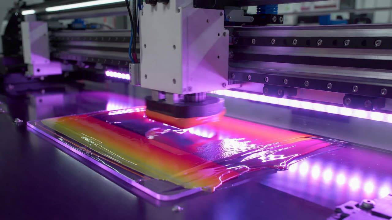 UV printing process showing ultraviolet light curing ink instantly