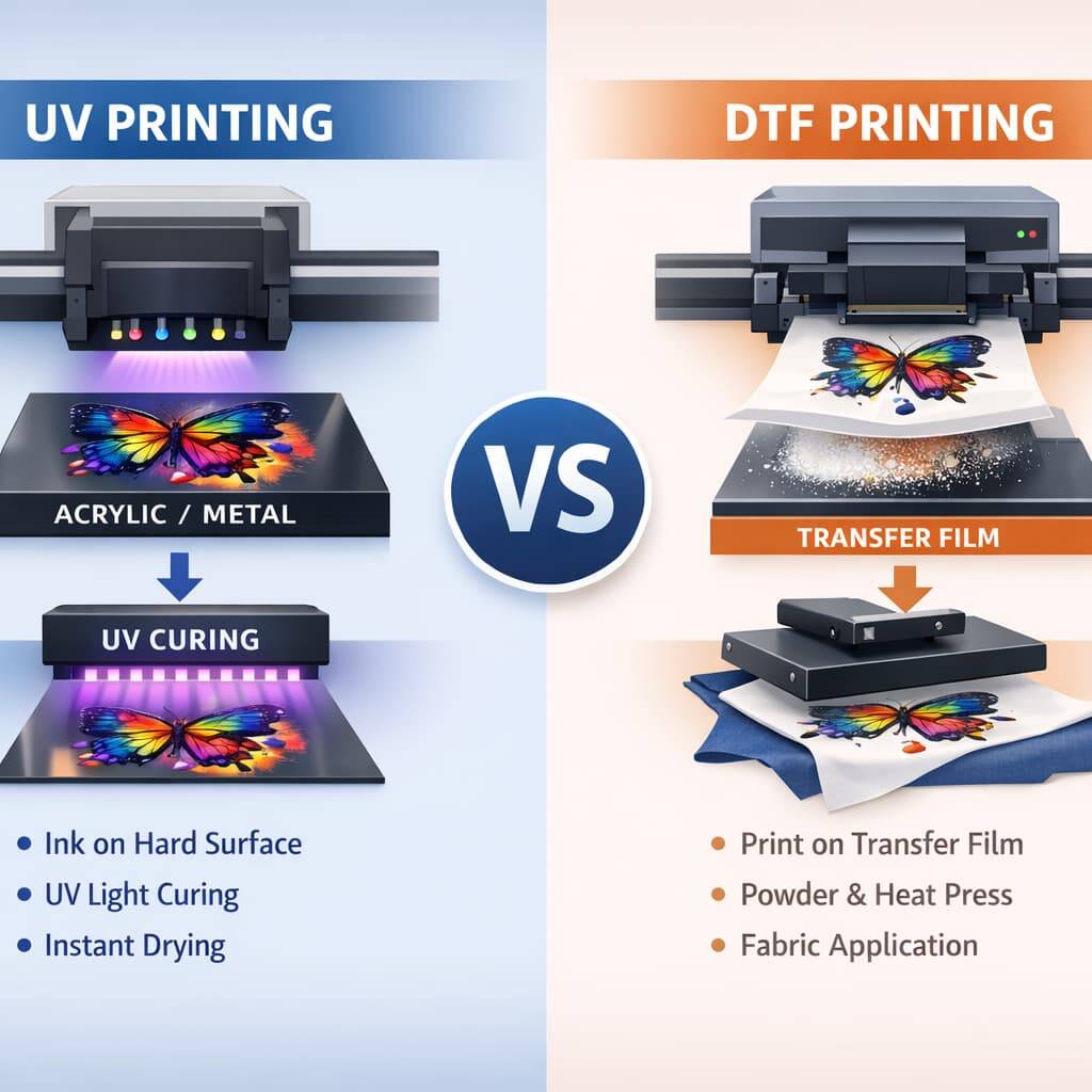 Difference between UV printing and DTF printing process diagram