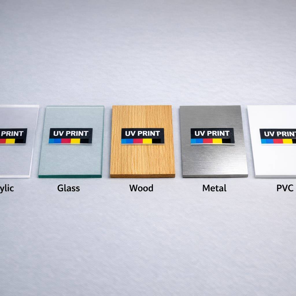 Different printing substrates including acrylic glass wood metal and PVC affecting UV ink behavior and shadowing