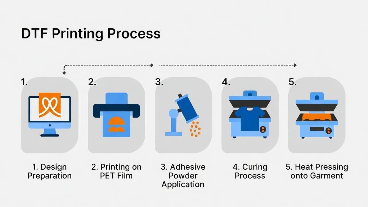 Step by step DTF printing process diagram from film printing to heat press transfer