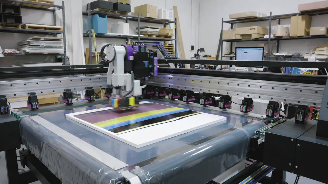 Modern flatbed UV printer with CMYK white and varnish ink system