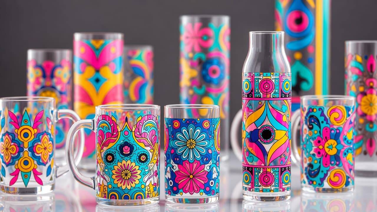 UV DTF printed glassware including mugs, bottles, and decorative panels