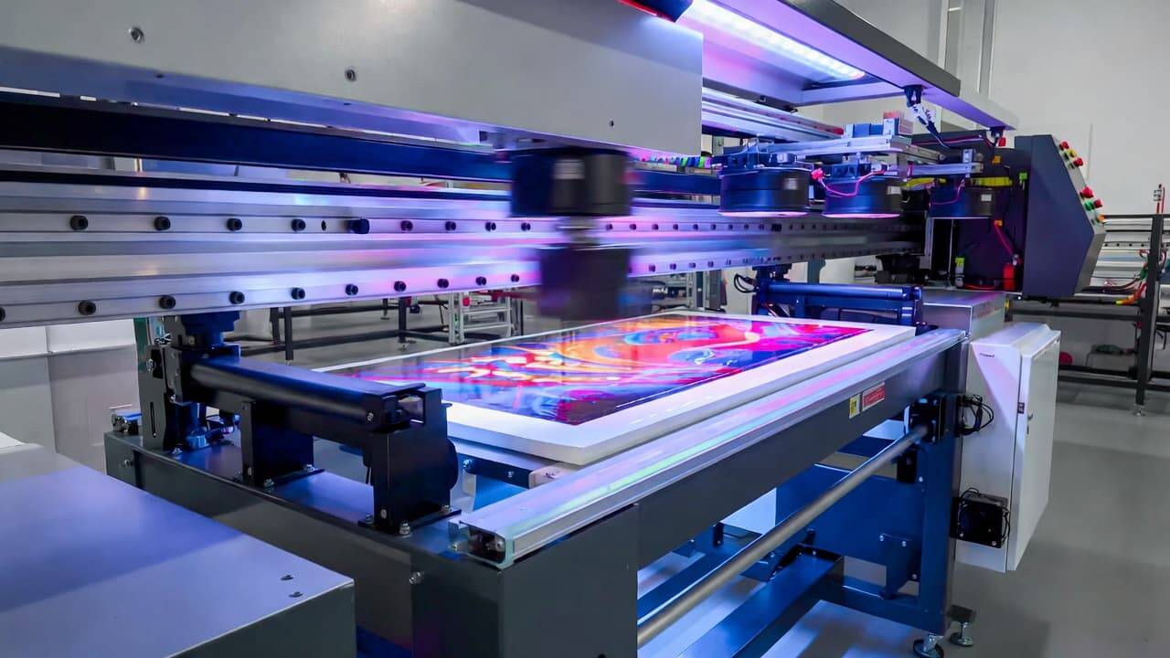 Industrial UV printer curing ink with ultraviolet light during high-resolution printing process