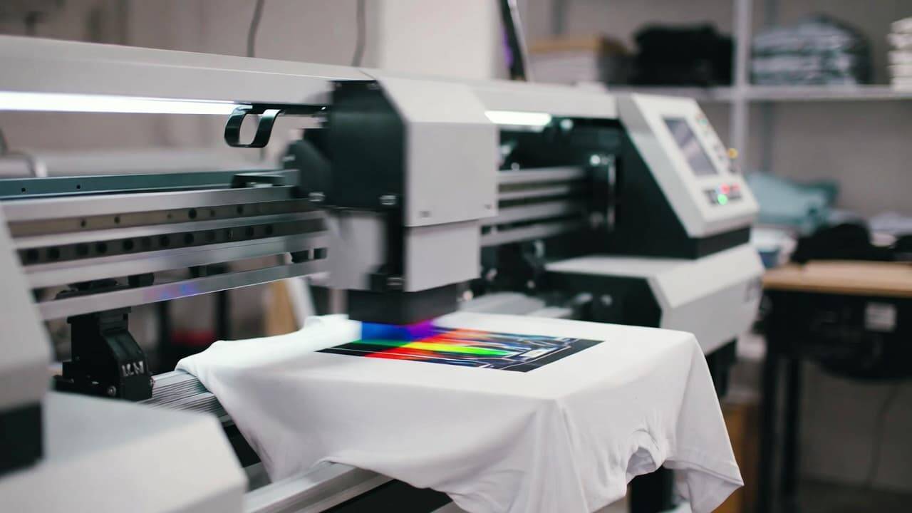 DTG printer printing a colorful design directly onto a cotton t shirt