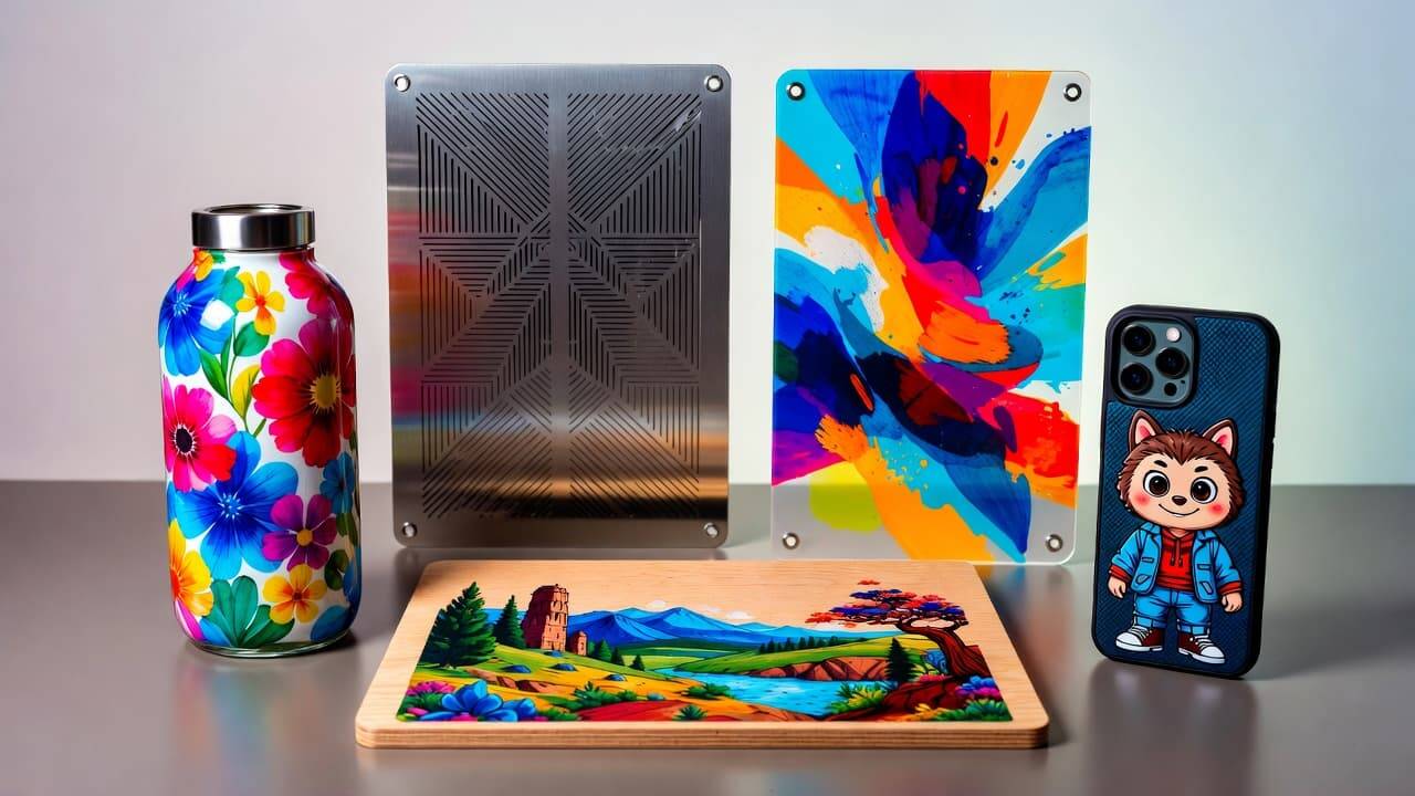 UV DTF printed products on glass, metal, plastic, and wood surfaces