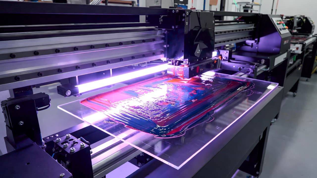 UV flatbed printer printing on acrylic using UV curing technology