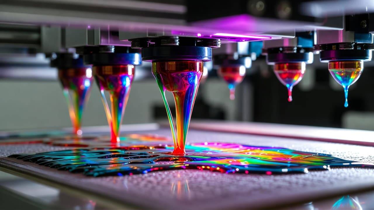 Close-up of UV ink curing under ultraviolet light during printing