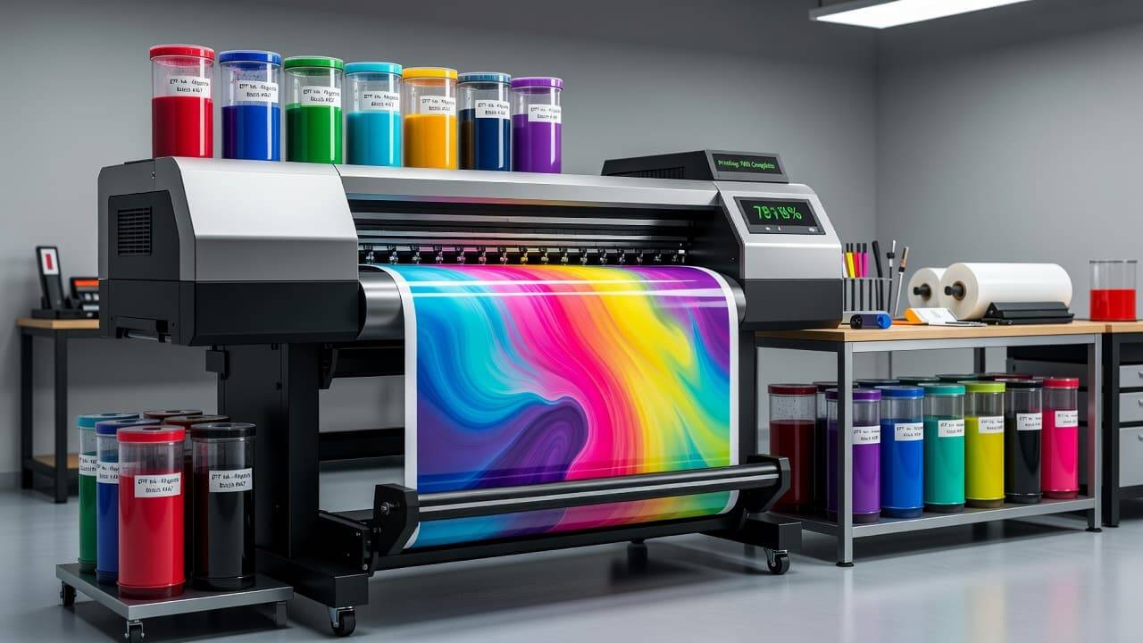 DTF printer printing a colorful design onto transfer film before heat pressing onto fabric