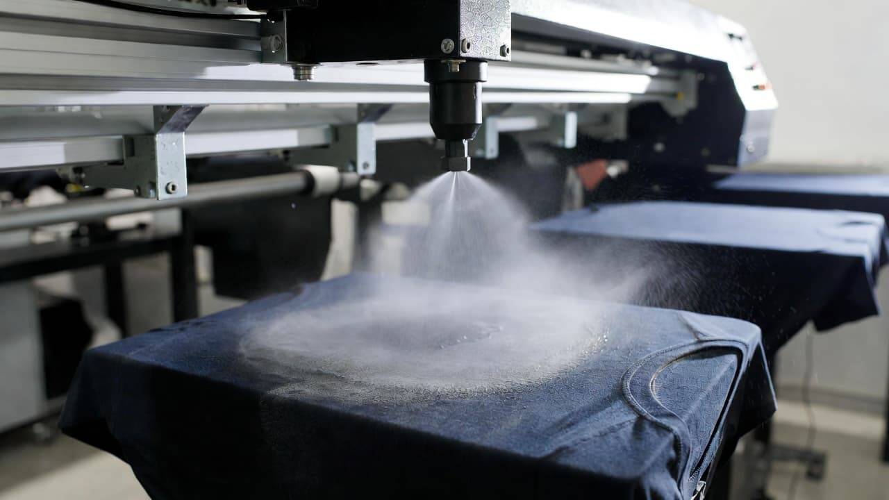 Applying DTG pre treatment solution evenly on dark T shirt before printing