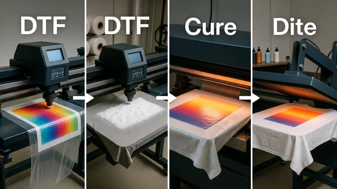 Step by step DTF printing process from film printing to heat pressing on t-shirt