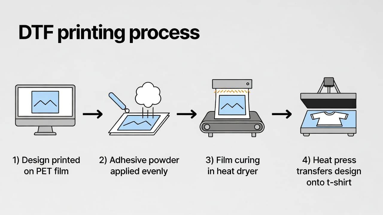 DTF printing process showing film printing, powder application and heat curing