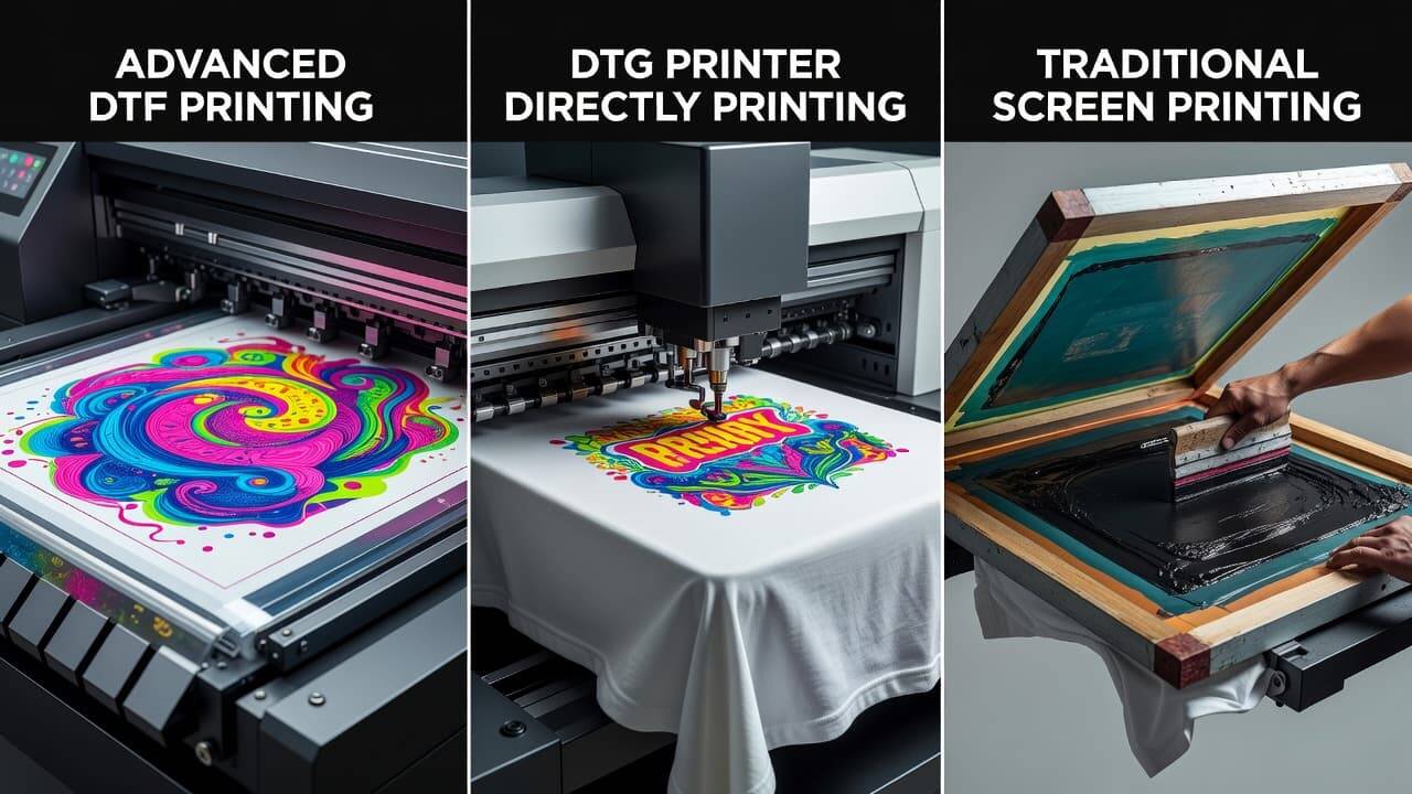Comparison between DTF printing, DTG printing, and screen printing methods on t-shirts
