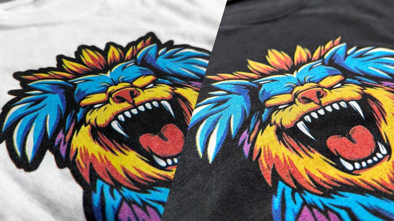 Close up comparison of DTG print results on cotton fabric and cotton polyester blend fabric