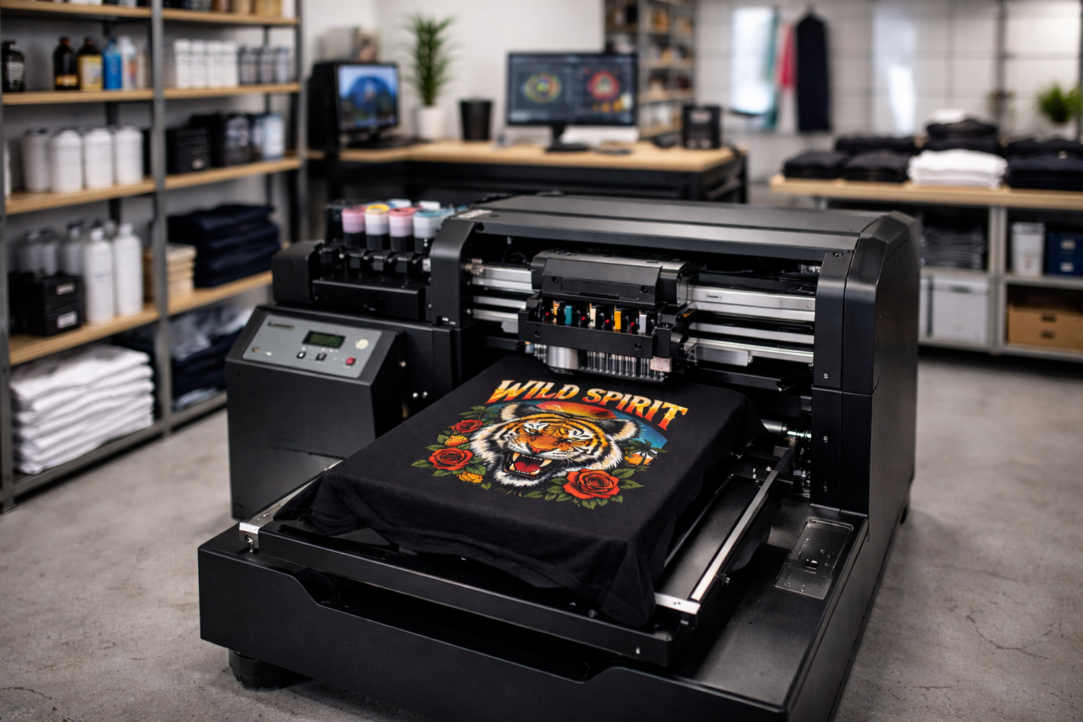 Well-maintained DTG printer operating in a professional garment printing studio
