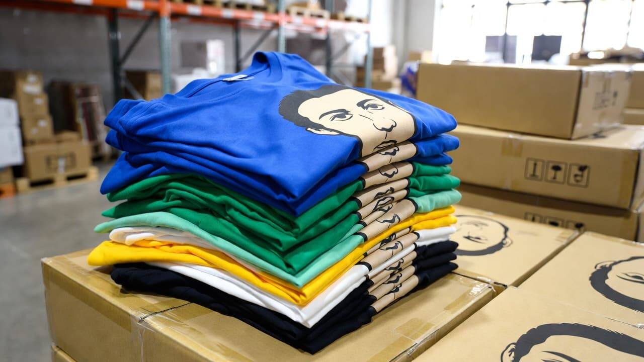Stack of freshly printed custom t-shirts ready for shipping