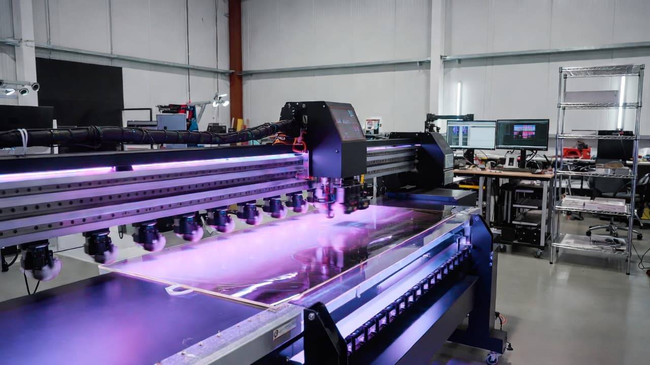 UV printer with automated production system in modern print facility