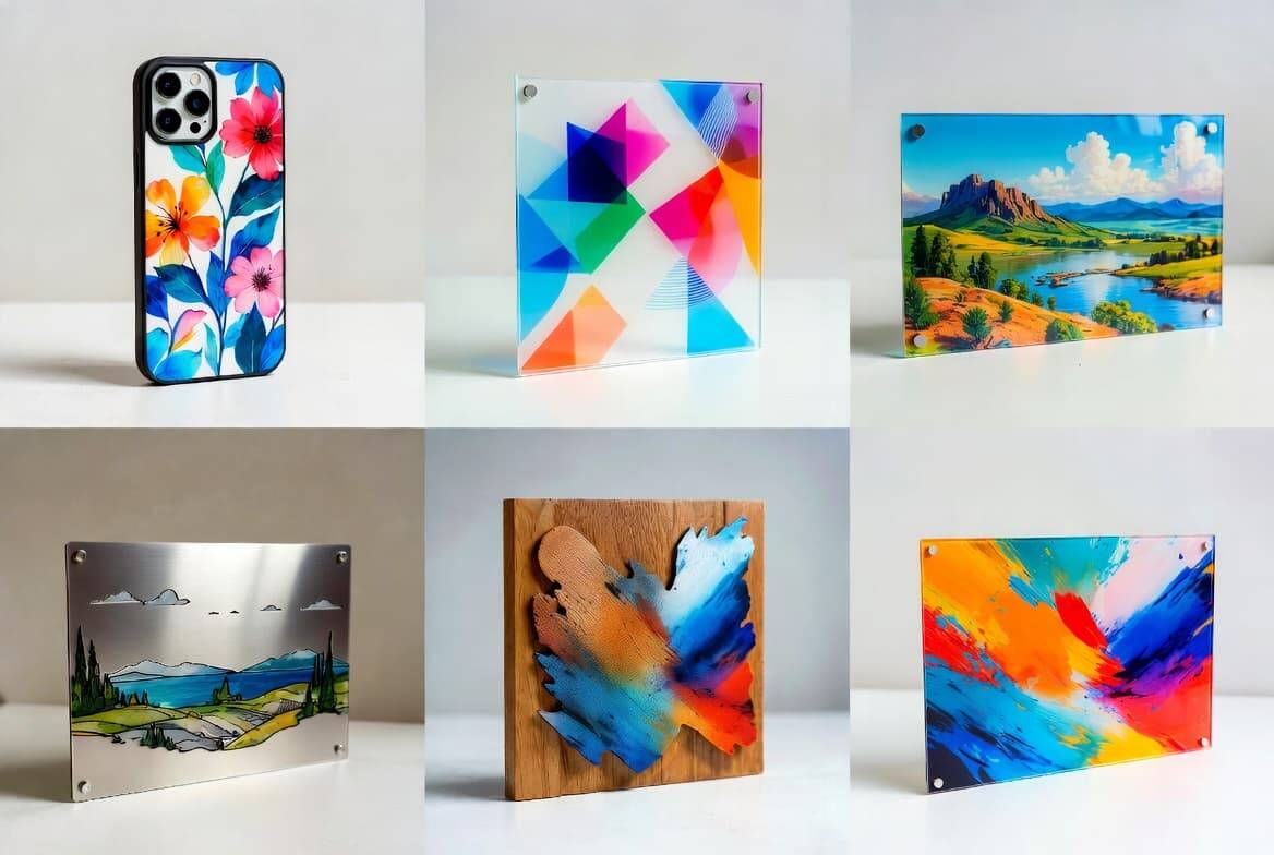 UV DTF printed products on plastic, metal, glass, wood and acrylic surfaces