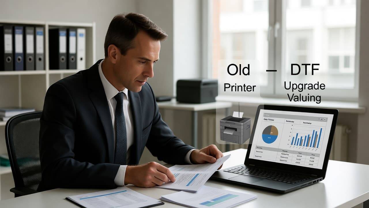 Business owner reviewing DTF printer trade-in valuation and upgrade cost comparison