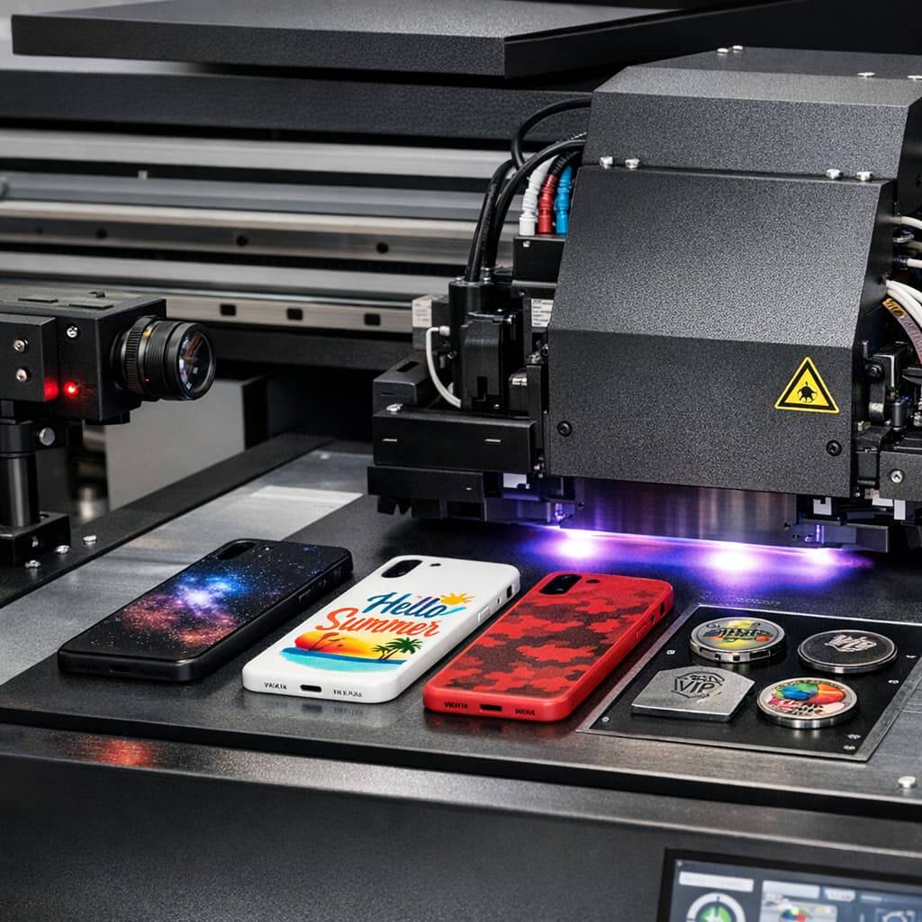 Visual positioning UV printer accurately printing small objects without shadowing using camera alignment system