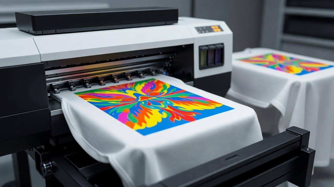 DTG printer printing a colorful design onto a t-shirt