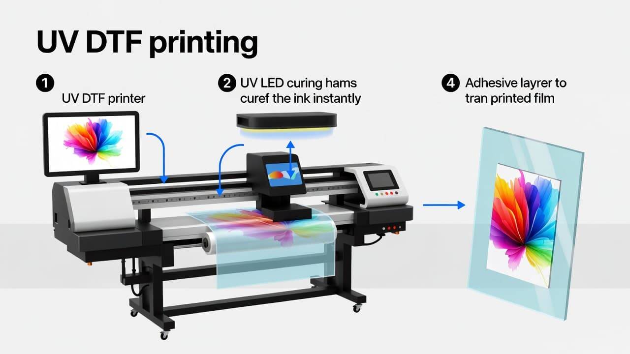 UV DTF printing process showing film printing and UV curing system
