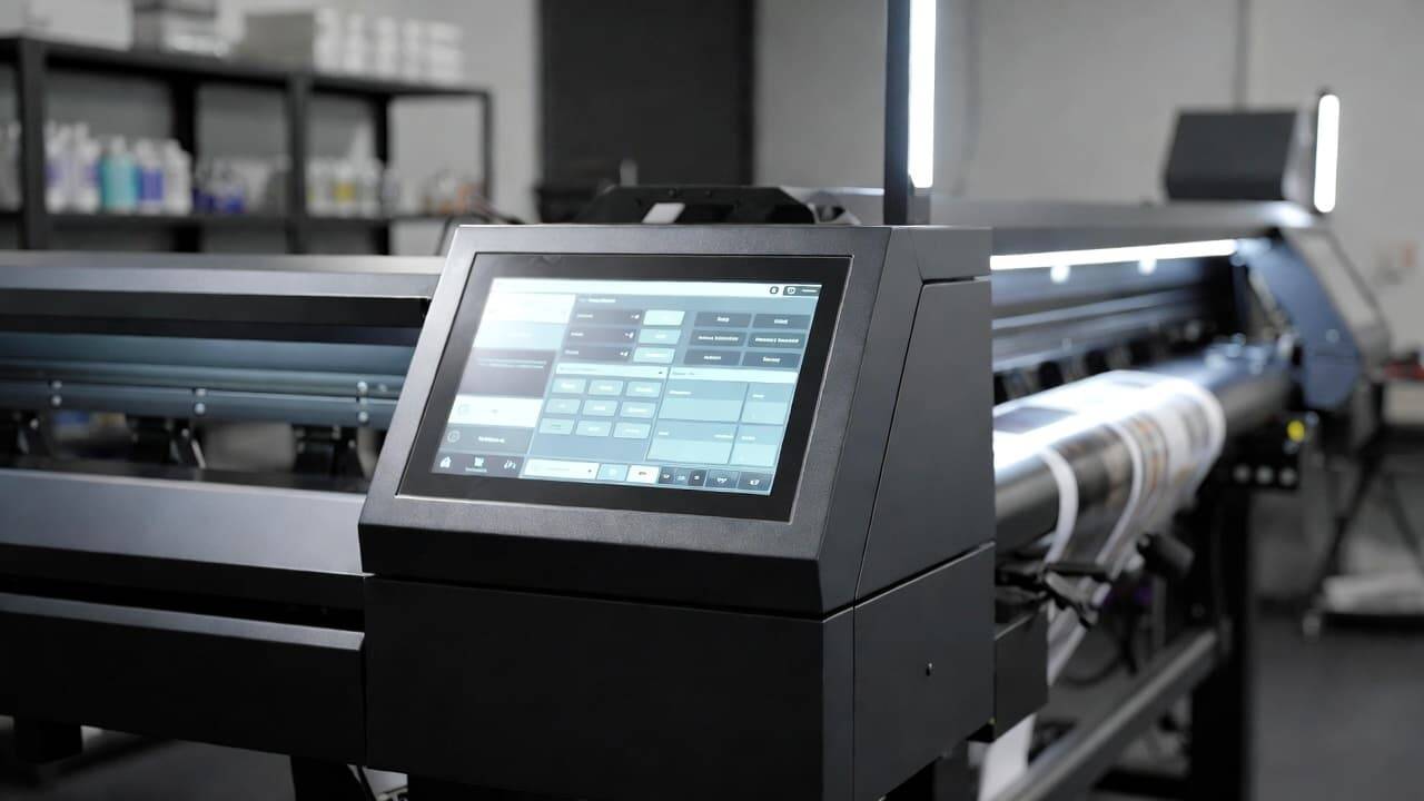 Advanced high-speed DTF printer with touch screen control panel in modern print shop