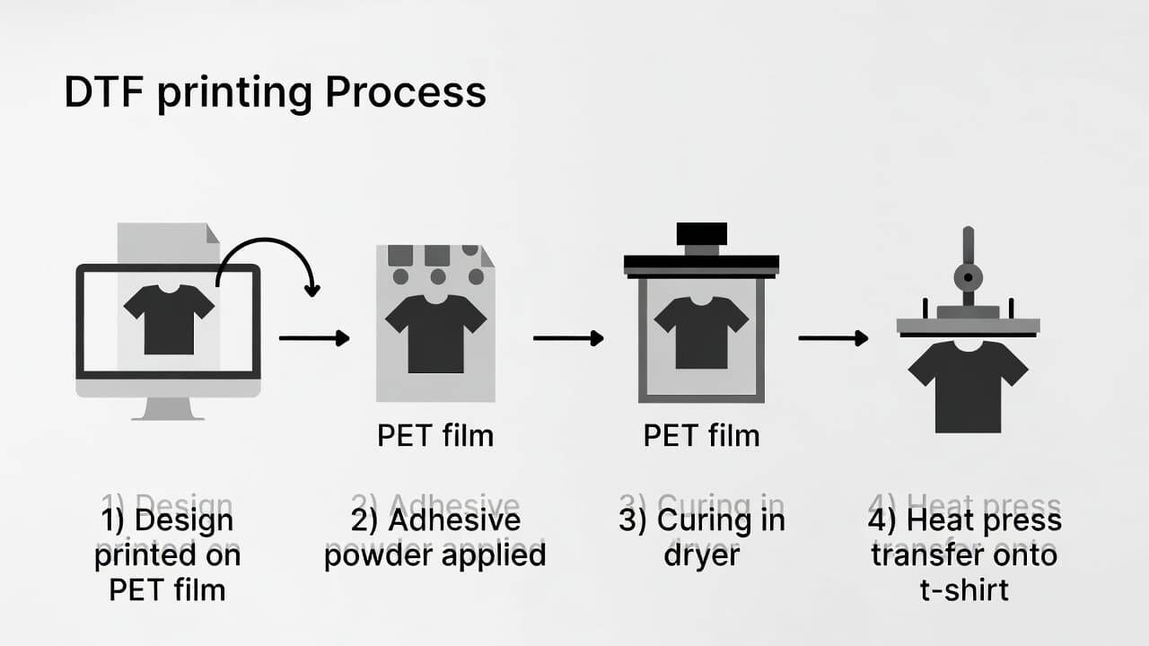 Step-by-step DTF printing process from film printing to heat transfer