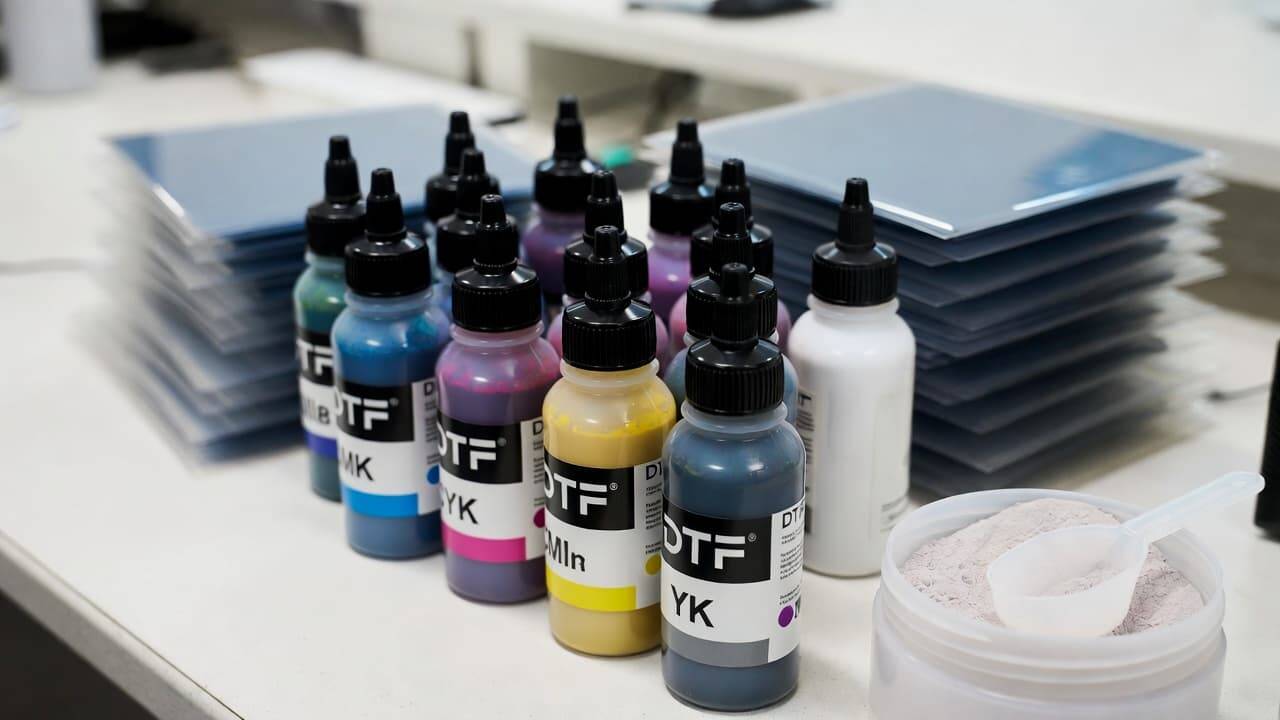 DTF printing supplies including ink bottles, transfer film sheets and adhesive powder