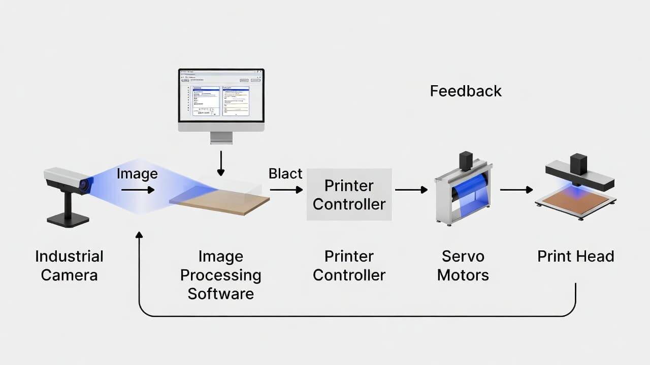 Feedback loop between vision system and servo motors in UV printing process