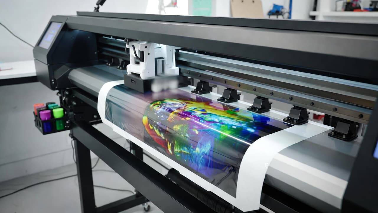 DTF printer printing colorful design onto transfer film in a professional print shop