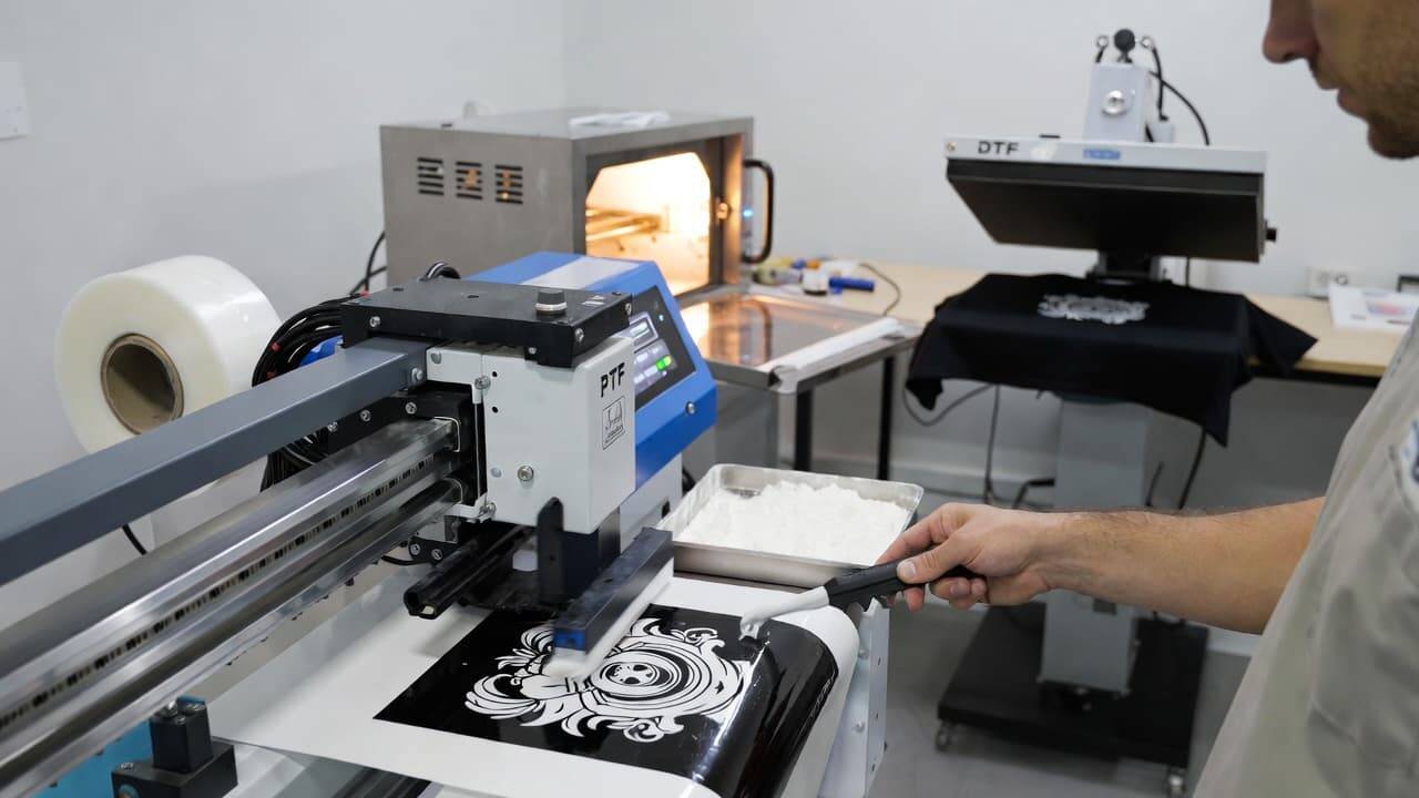 DTF printing process showing film printing, powder application, curing, and heat press transfer on T-shirt