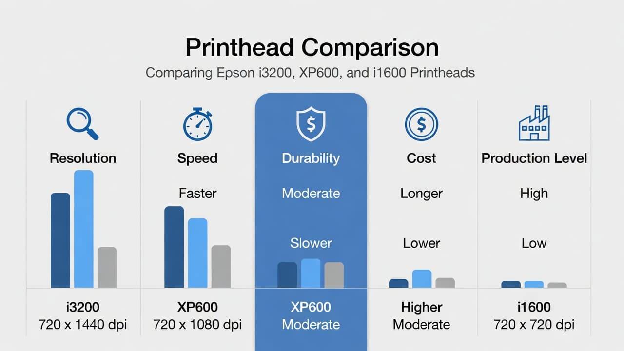 Comparison chart of i3200 vs XP600 vs i1600 DTF printheads showing resolution, speed, cost and durability