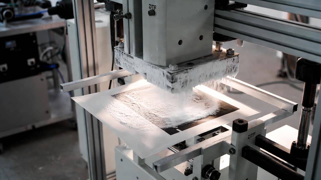 Automatic DTF powder shaker applying adhesive powder evenly on printed film