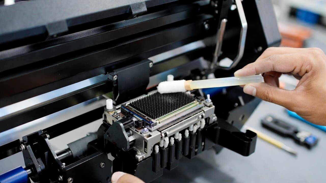 Cleaning DTF printer print head with lint-free swab